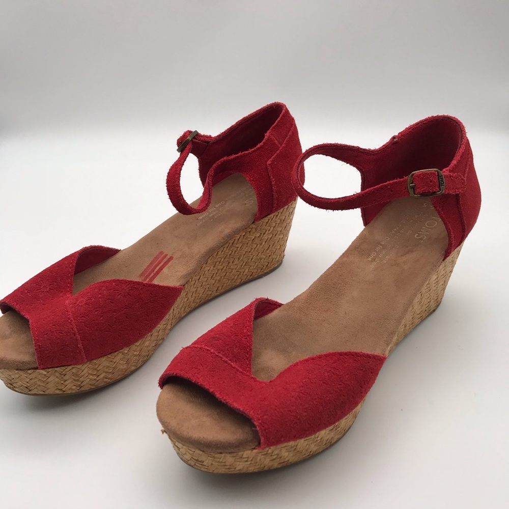 Tom’s Red Peep Toe Cork Wedges Size 6.5